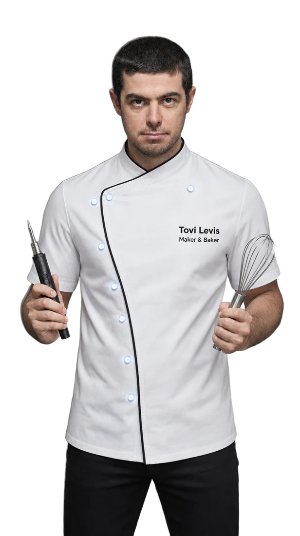 Tovi Levis holding a soldering iron and a whisk
